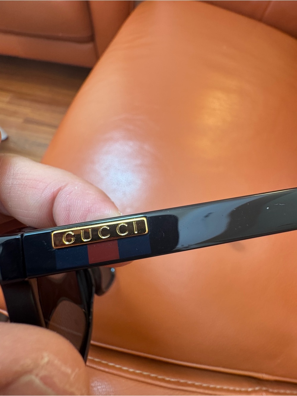 Gucci Black Sunglasses Temple with Red and Blue Stripe and Gold Logo Plaque